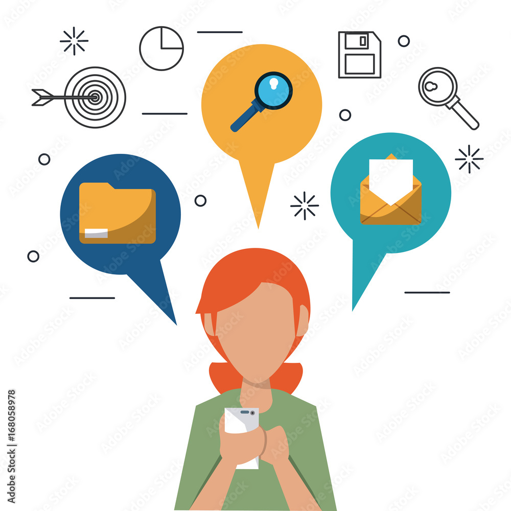 colorful faceless half body woman with smartphone and speech bubbles on top with icons of office elements vector illustration colorful faceless half body woman with smartphone and speech bubbles on top with icons of office elements vector illustration