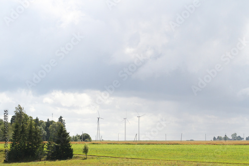 Farm view of wind turbines.