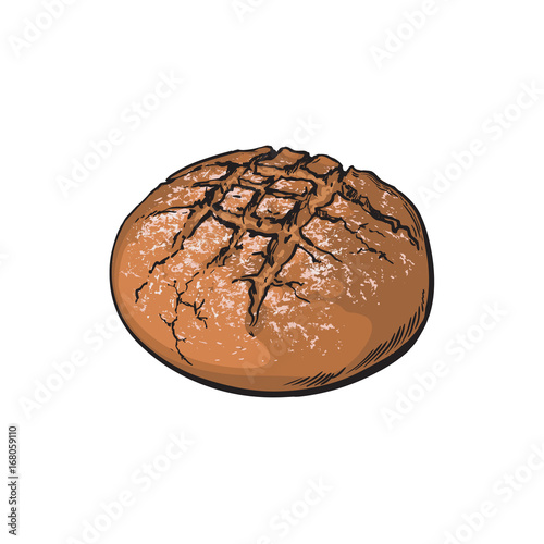 vector sketch fresh dark brown round rye bread loaf. Detailed hand drawn isolated illustration on a white background. Flour pastry products, bakery banner, poster design object