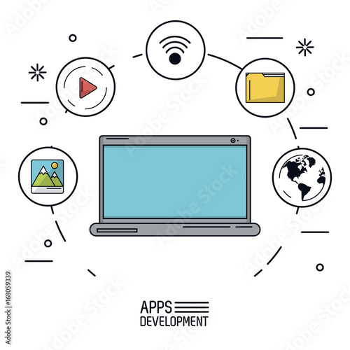 white background poster of apps development with laptop and icons app of more use forming a circle vector illustration