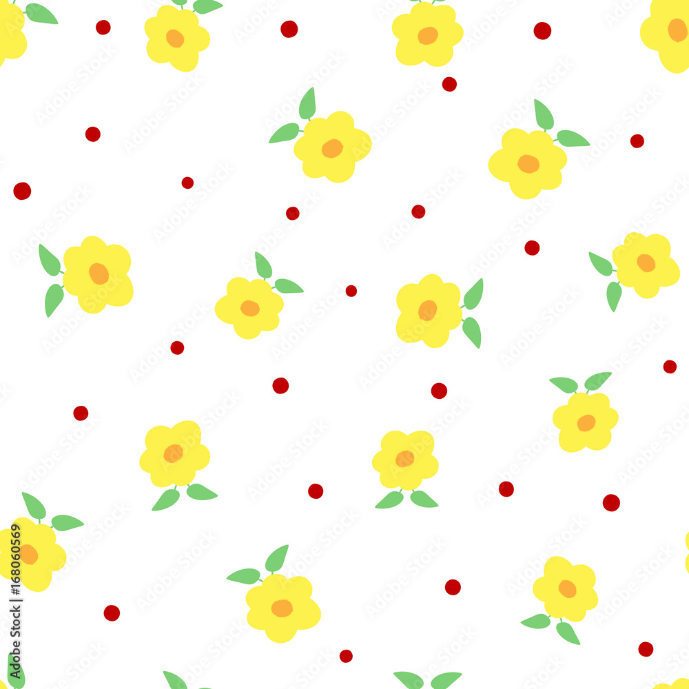 Naklejka Śliczne kwiaty z liśćmi i kropkami. Kwiatowy wzór. Kolor biały, żółty, zielony, czerwony, pomarańczowy.