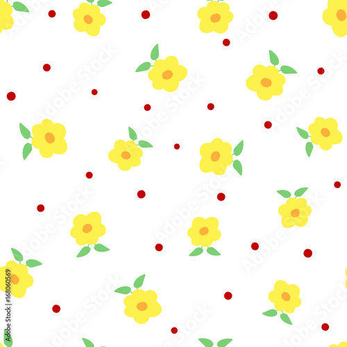 Cute flowers with leaves and polka dots. Floral seamless pattern. White  yellow  green  red  orange colour.
