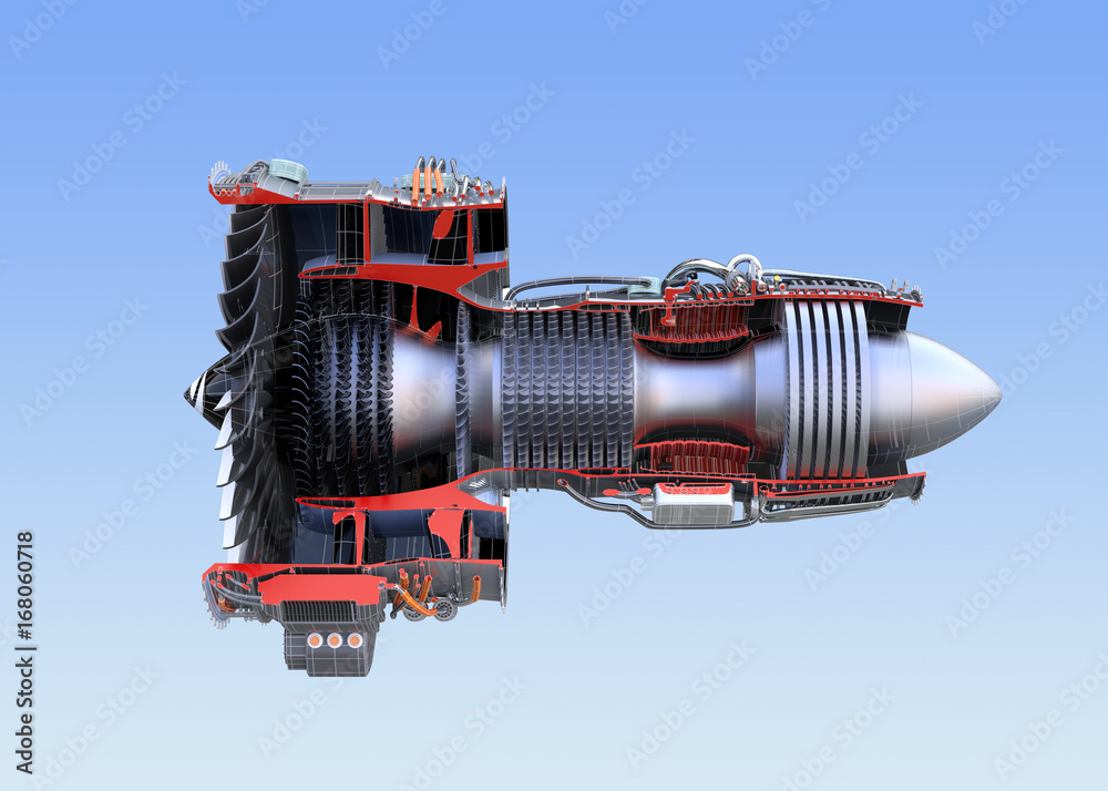 Side view of turbofan jet engine's cross section wireframe isolated on blue background. 3D rendering image. Side view of turbofan jet engine's cross section wireframe isolated on blue background. 3D rendering image.