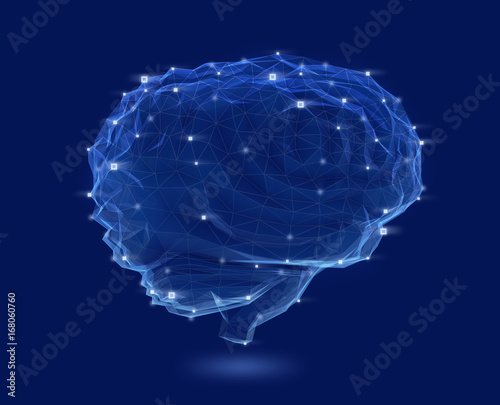 Low poly brain model with wireframe isolated on dark blue background. Concept for artificial intelligence. 3D rendering image.