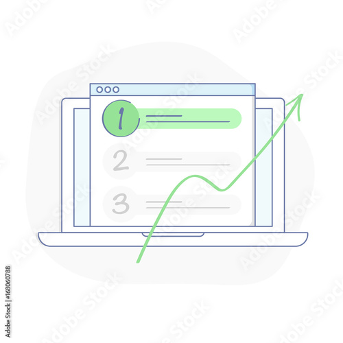 SEO optimization illustration concept, browser window and ranking sites in search results of web search engine. Search engine optimization illustration in flat line isolated vector