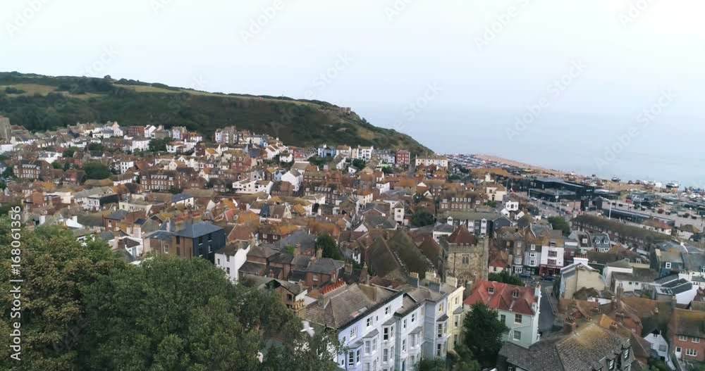 Aerial ascending view of the old town of Hastings, Southern England Aerial ascending view of the old town of Hastings, Southern England
