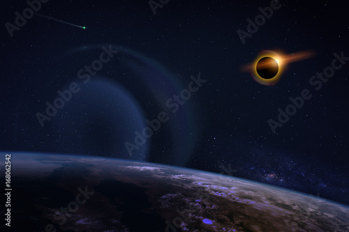 Fototapeta Naklejka Na Ścianę i Meble -  Fantasy composition of the planet Earth and his natural satellite, the Moon, with a shiny Sun on a starry sky. Elements of this image furnished by NASA.