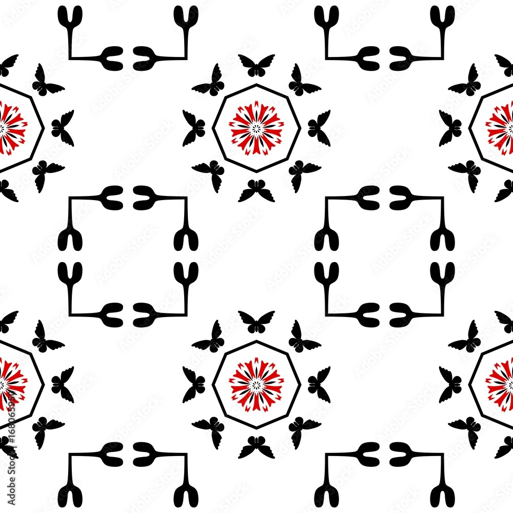 Seamless pattern with red flowers and butterfly silhouette Seamless pattern with red flowers and butterfly silhouette
