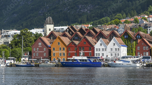 Colorful wooden houses on the coast of Bergen in Norway, the main tourist attraction of the city.