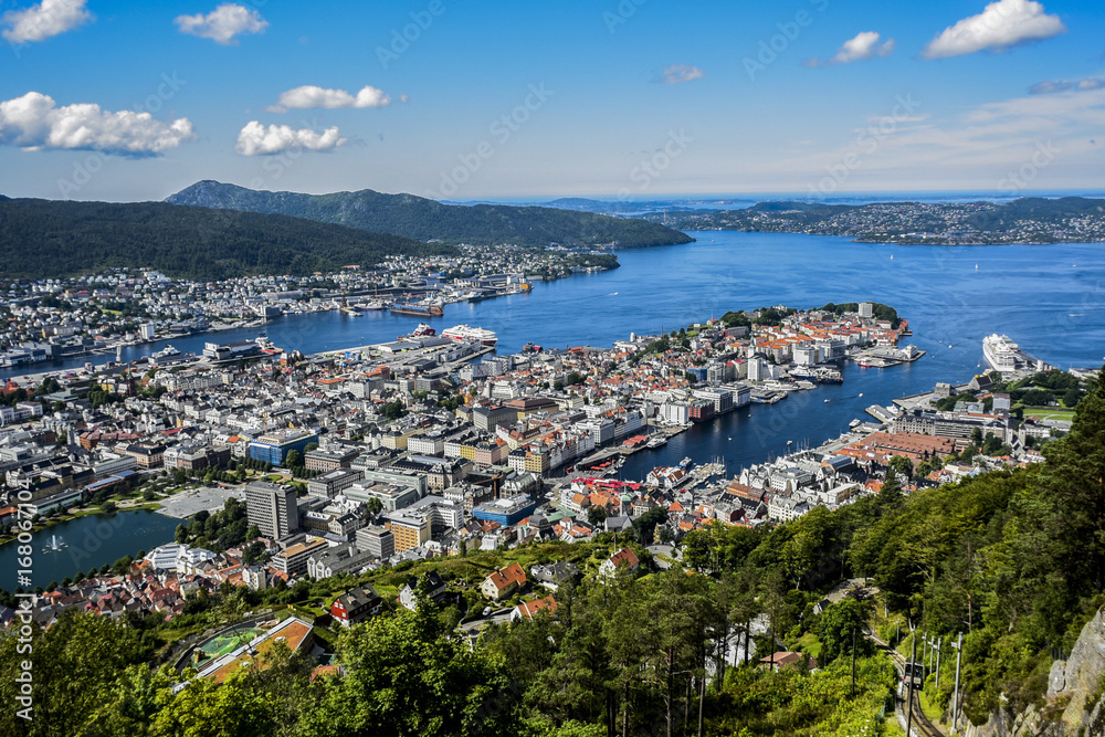 Cityscape of Bergen, Norway, sunny day, summer.