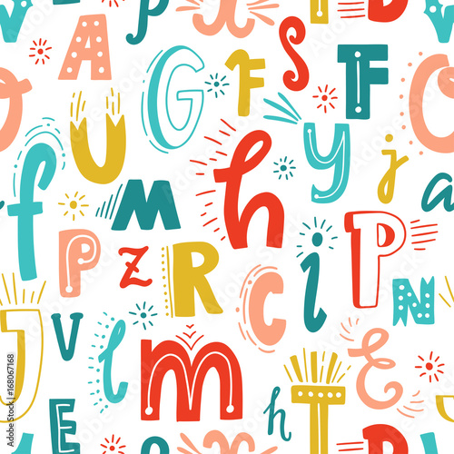 Cute English hand written alphabet  vintage vector seamless pattern. Lowercase and uppercase letters  fine for card  lettering  poster