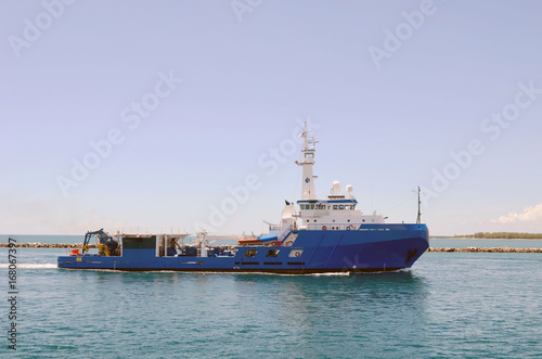 An anti pollution ship responsible for containing oil spills ,garbage and other oceanic pollutants heading to the port of Miami through government cut.