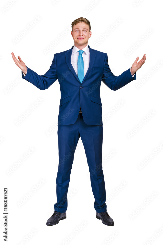Businessman with hands out, isolated over white background Businessman with hands out, isolated over white background