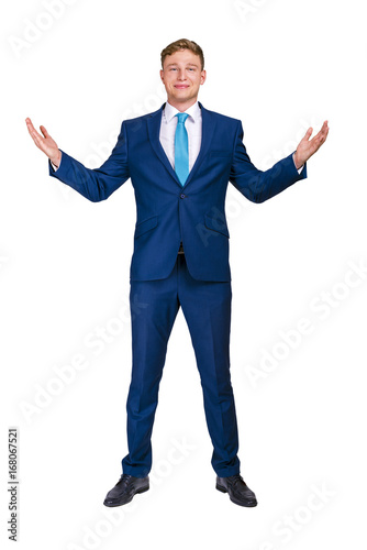 Businessman with hands out, isolated over white background