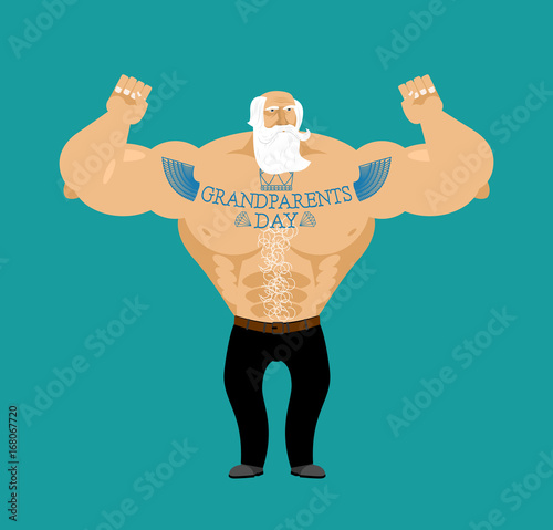 Grandparents Day. Strong grandfather with tattoos. Gray-haired beard. Day of grandmother and grandfather. Holiday of elderly person