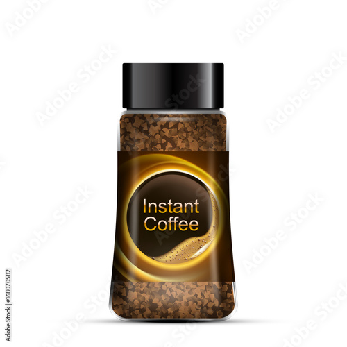 Instant coffee package design. Transparent glass bottle. Vector template