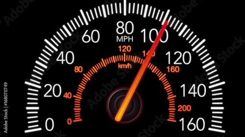 Car speedometer and moving pointer, on a black screen background. 4k animation.