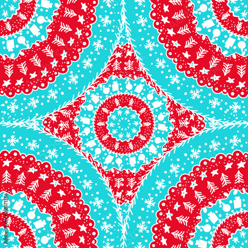 Christmas and New Year seamless pattern . Modern pattern and background with Christmas tree, snowflakes, present, stars, present, aquarelle blobs, paint. holiday package and wrapping.