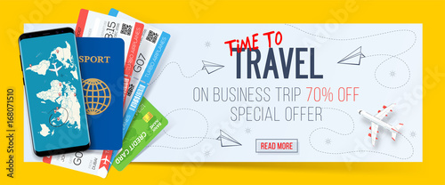 Special offer on business Travel. Business trip banner. Passport with tickets, smartphone and credit card. Air travel concept. Business travel illustration. 70% off.