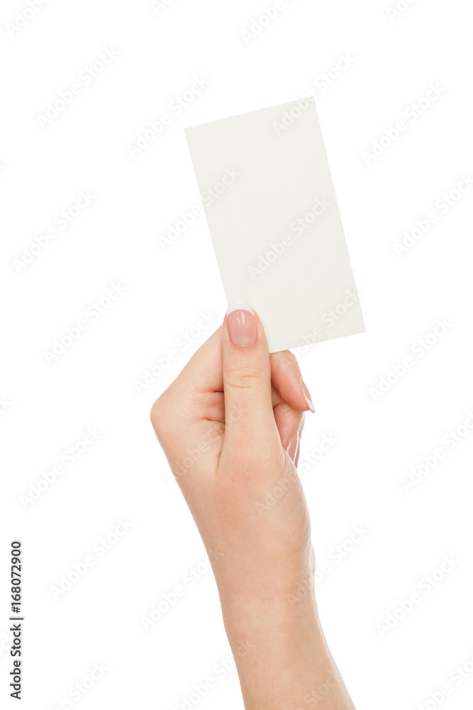 Female hand holding blank card for text message, crop, cut out Female hand holding blank card for text message, crop, cut out