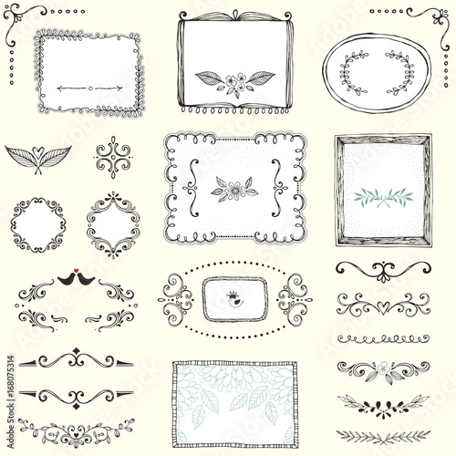 Set of hand drawn frames, labels, flowers, floral dividers and design element...