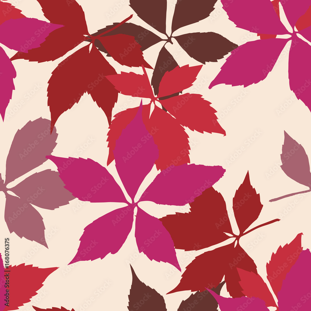 Seamless pattern with falling leaves. Background with autumn virginia creeper leaves. 