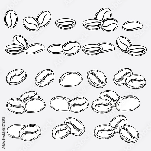 A set of coffee beans. A collection of coffee beans in different variations. Logo for the coffee house. Vector illustration.