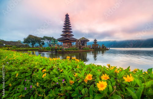 Pura Ulun Danu Bratan temple in sunrise sky at Bali island, The most famous tourist attraction in Indonesia.
