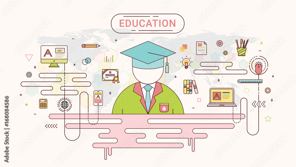 Obraz premium Education info graphic concept. Student and school icons on world map background created by the vector. Flat line style in soft color tone.