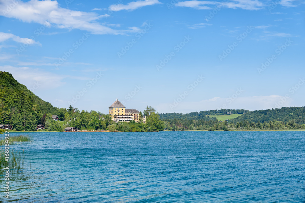 Lake Fuschlsee and Fuschl castle in summer, Salzburg state, Salzkammergut, Austria, Europe