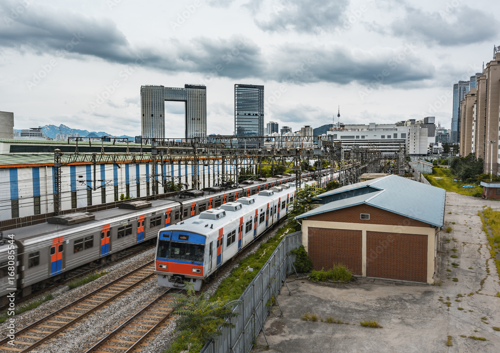Naklejka premium Seoul subway and seoul tower at South Korea.