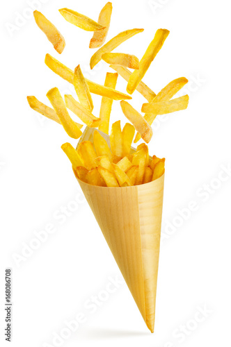 fries spilling out a paper cone isolated on white