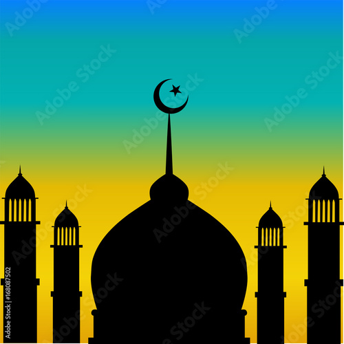 Mosque dome and minaret silhouette with moon during sunset