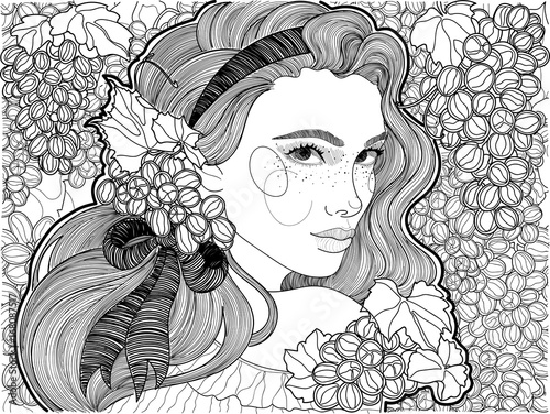 vector coloring beautiful girl with a ribbon in her hair and vine grapes 