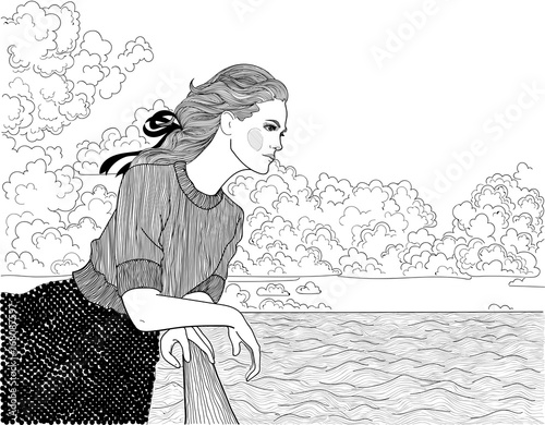 Vector beautiful girl looking into the distance at the sea and clouds on the dock