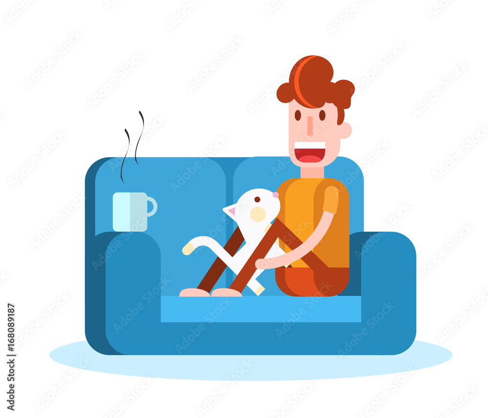 Fototapeta premium Boy Caressing a Cat on the Sofa. Isolated Flat Vector Illustration
