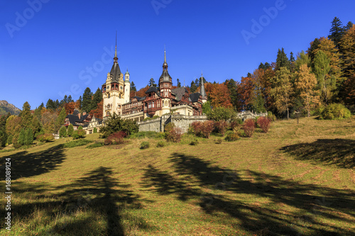 Amazing famous royal castle with autumn colors,Peles castle,Sinaia,Transylvania,Romania,Europe