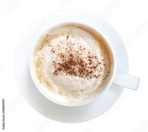 Top view of hot coffee latte cappuccino isolated on white background, clipping path included