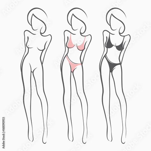 Collection sexy fitness naked girl with a chic figure. Intimate sexy lady, model in a pose. Lovely  ass Dressed In swimsuit, panties. Drawn art graphics for design, background
