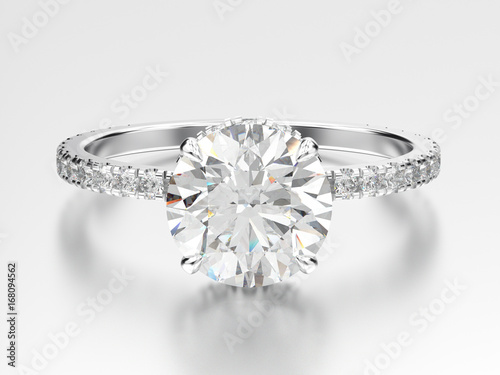 3D illustration white gold or silver engagement ring with diamond with reflection photo