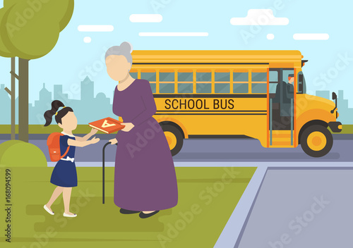Young girl going to school first day. Flat vector illustration of grandmother giving an alphabet to her granddaughter as a custodian and school bus behind them