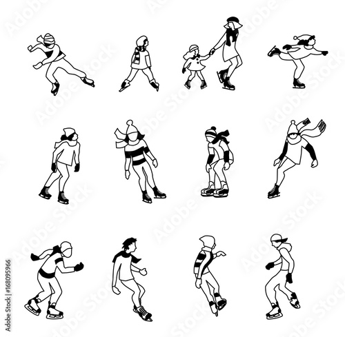 Characters set of happy figure ice skating at rink. Vector illustration in flat design.
