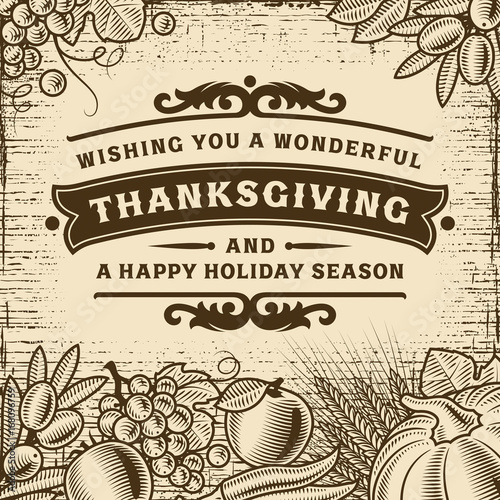 Thanksgiving Vintage Brown Card. Editable vector illustration in woodcut style with clipping mask.