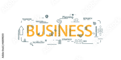 Vector creative illustration of business word lettering typography with line icons on white background. Business structure concept. Thin line art style design for business plan, management theme