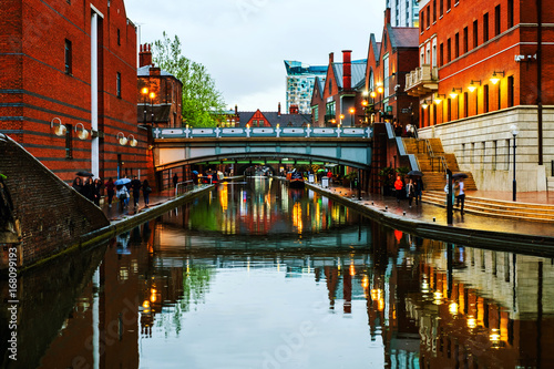 People walking at famous Birmingham canal in UK photo