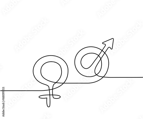 Gender signs for male and female, circles with cross and arrow. Continuous line drawing icon. Vector illustration