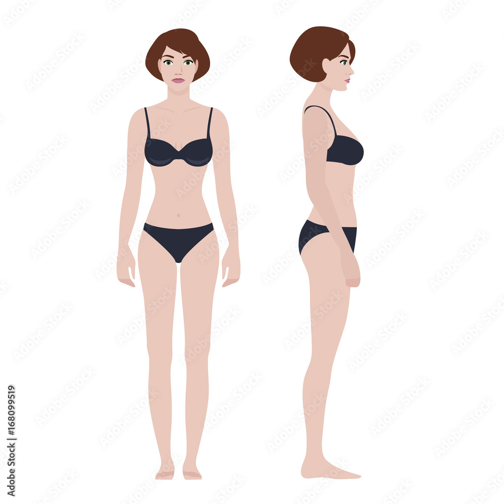Short haired woman in black underwear on white background, front and side view. Vector illustration, realistic style. Short haired woman in black underwear on white background, front and side view. Vector illustration, realistic style.