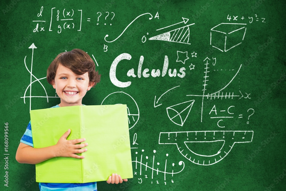 Composite image of portrait of smiling boy holding green book Composite image of portrait of smiling boy holding green book