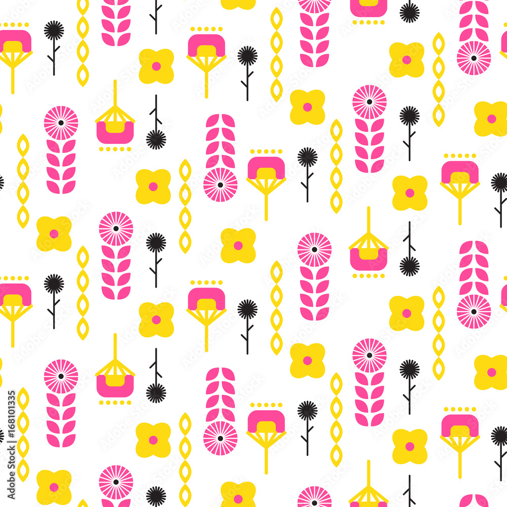 Scandinavian folk floral art pattern seamless vector background. Abstract pink and yellow flowers for print on textile.