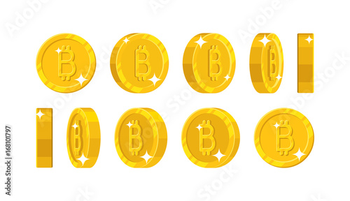 Gold bitcoin views cartoon style isolated. The gold bitcoin is at different angles around its axis for designers and illustrators. Rotation of a gold coin in the form of a vector illustration